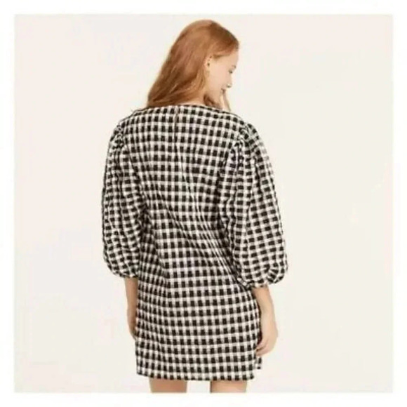 J. Crew Size XS Black and White Puff-Sleeve Mini Dress in Textured Plaid NEW! - Picture 3 of 10